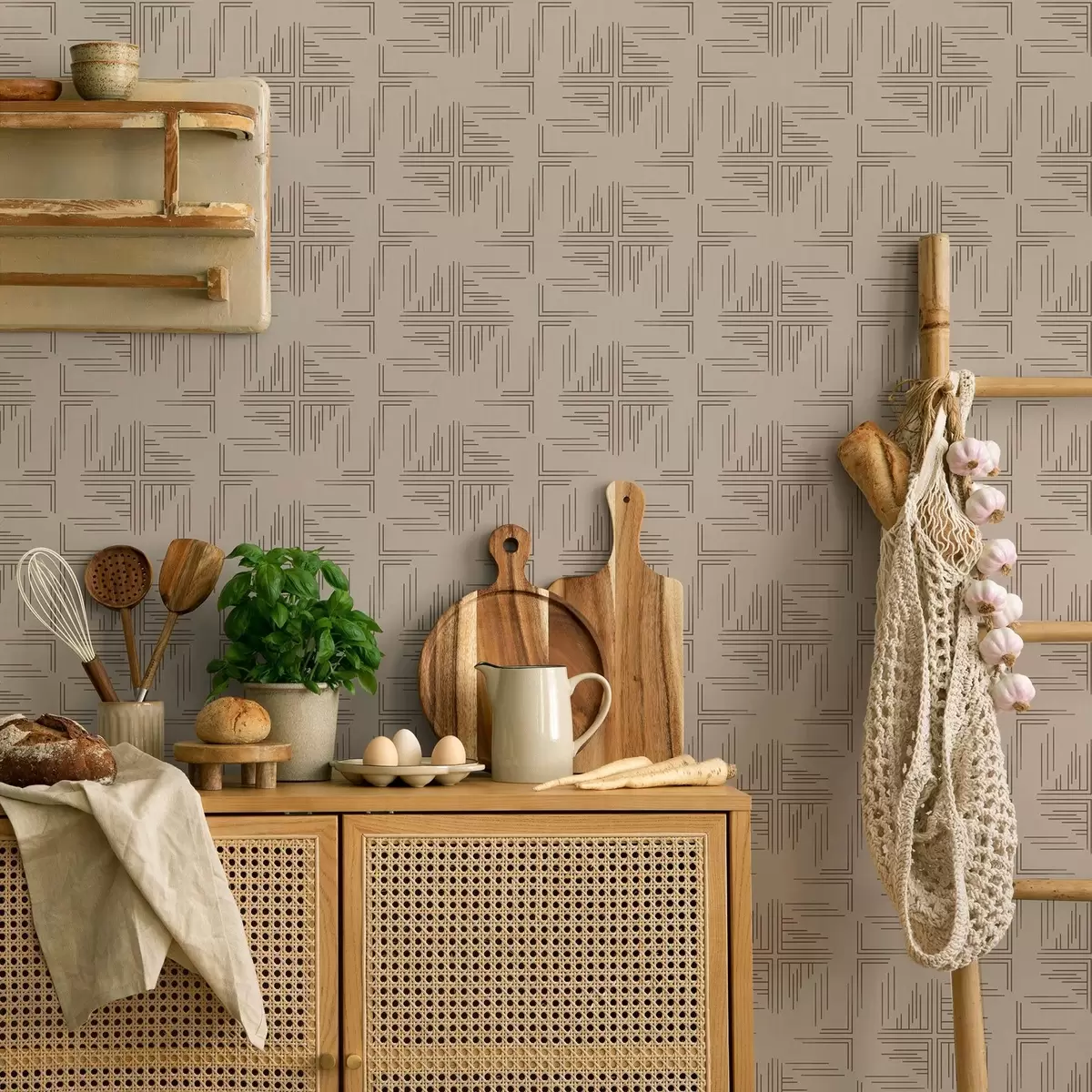 Wallpaper Offset cocoa corner blocks with scattered line accents, beige a00912