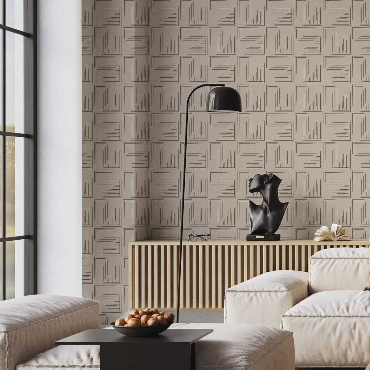 Wallpaper Large cocoa corner squares with varied line fills, sand a00913