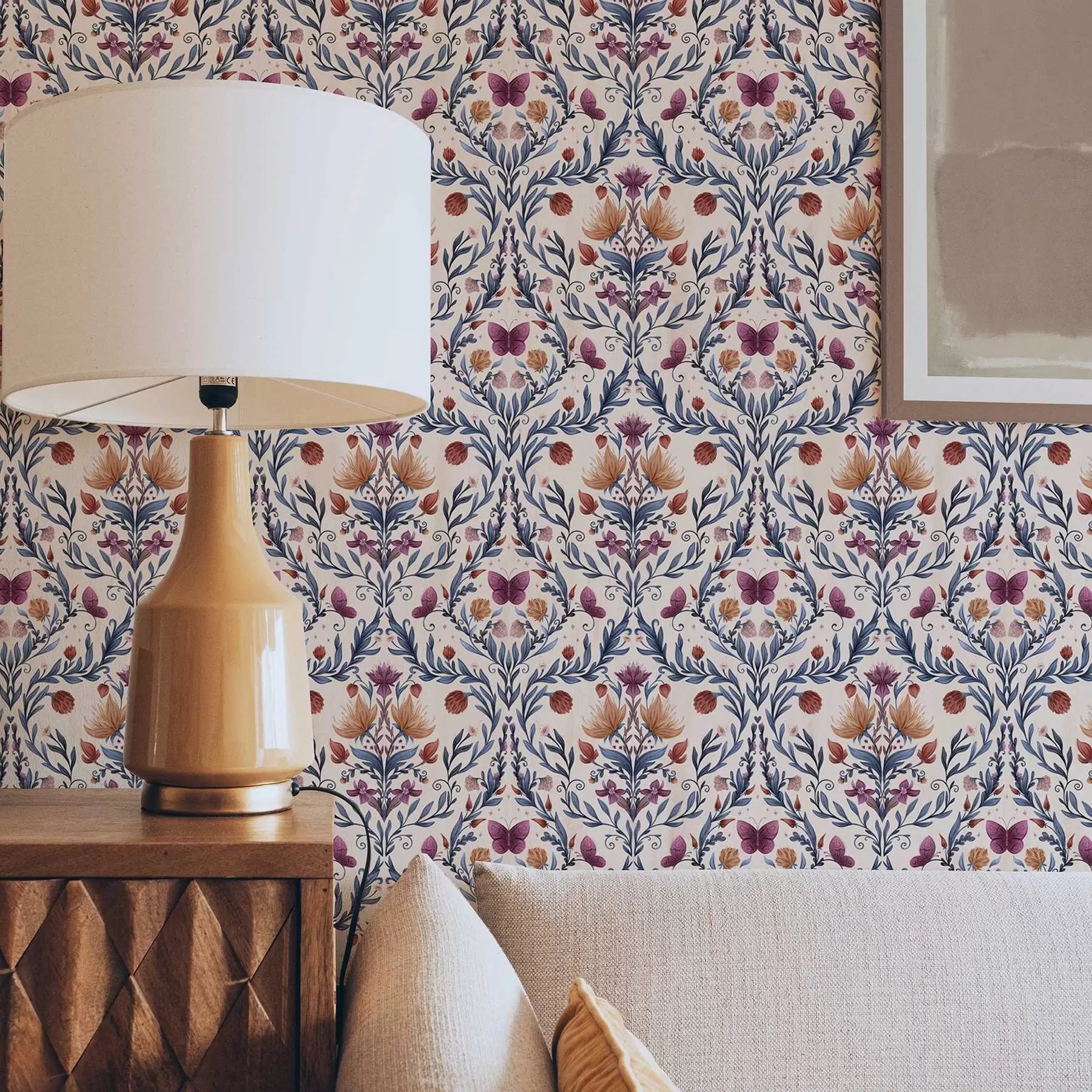 wall murals Floral damask with butterflies on soft peach background a00926