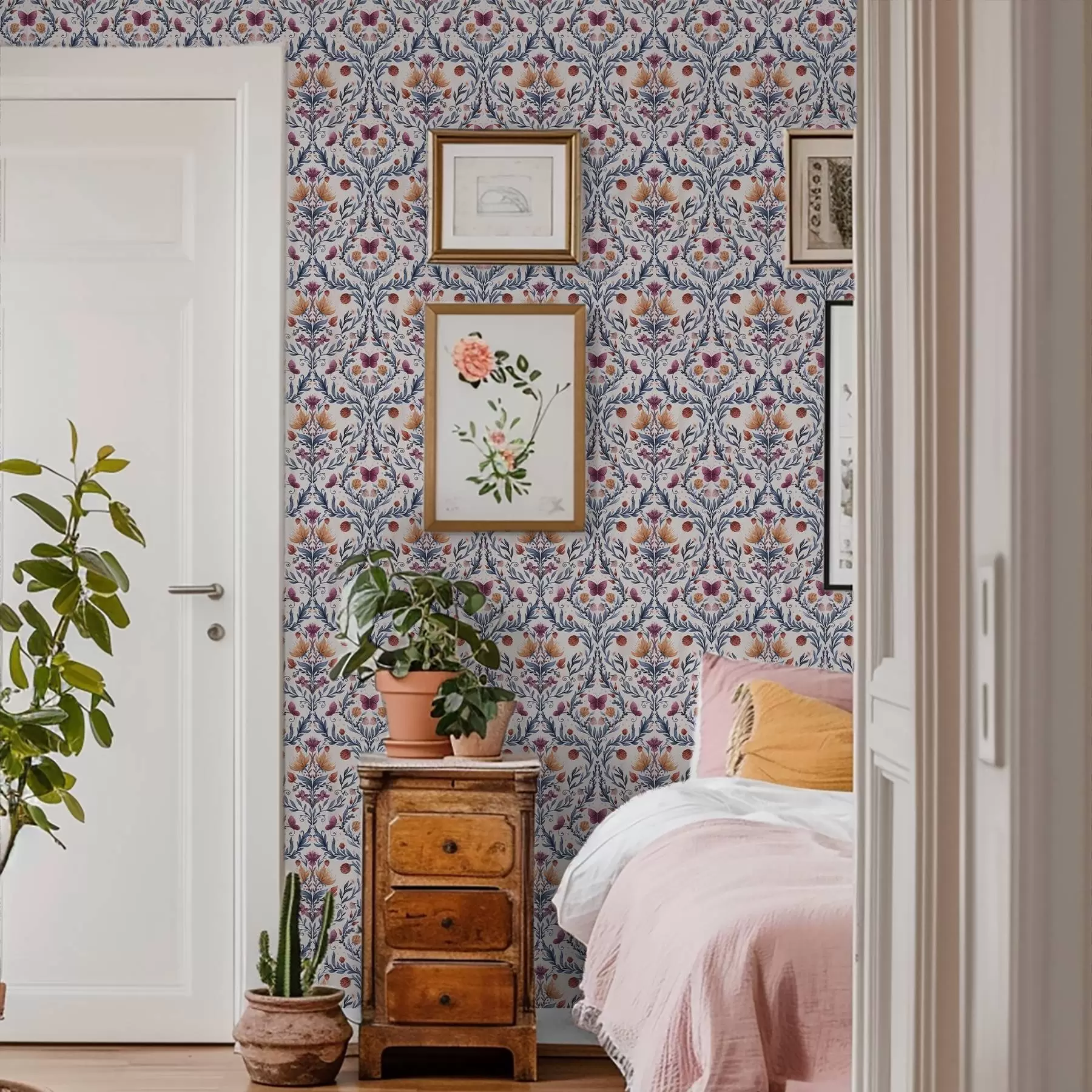 wall murals Floral damask with butterflies in navy and terracotta on white a00926v1