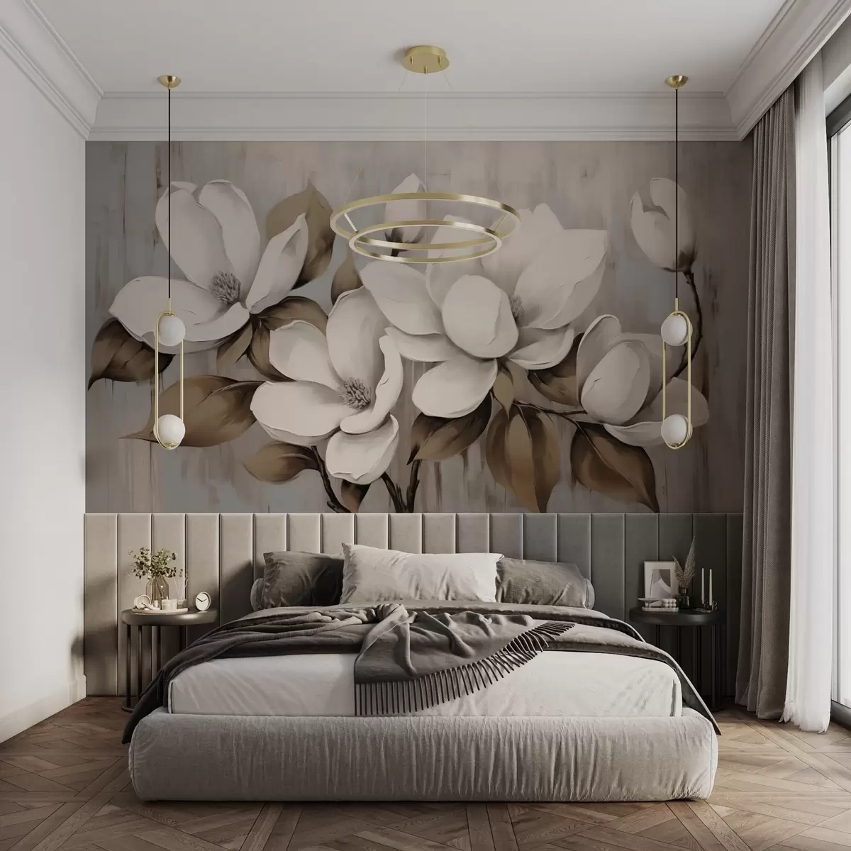 wall murals Large magnolia blossoms with taupe leaves on brushed backdrop w04785
