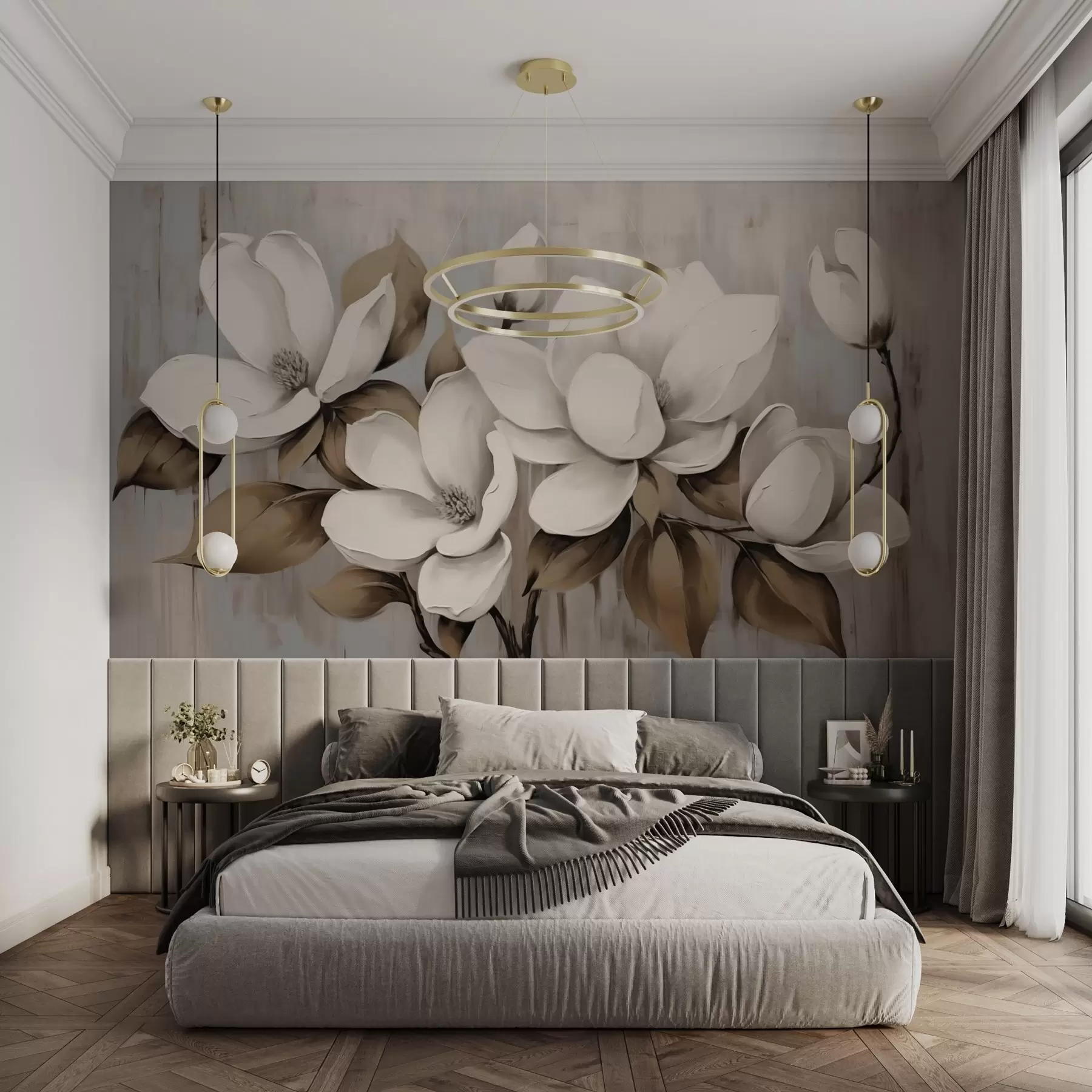 wall murals Large magnolia blossoms with taupe leaves on brushed backdrop w04785