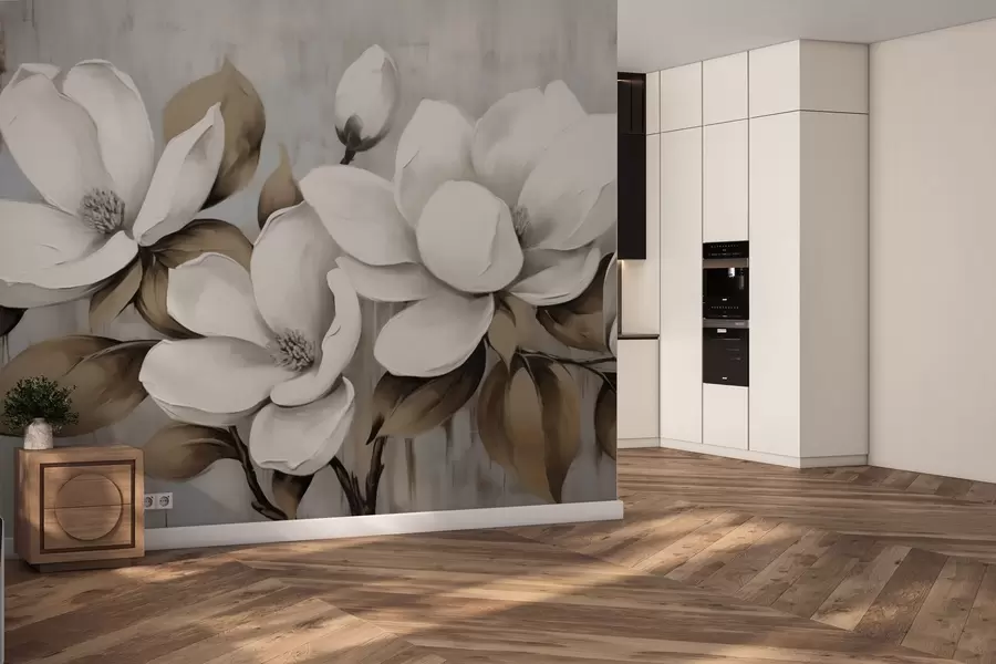 wall murals Large magnolia blossoms with taupe leaves on brushed backdrop w04785