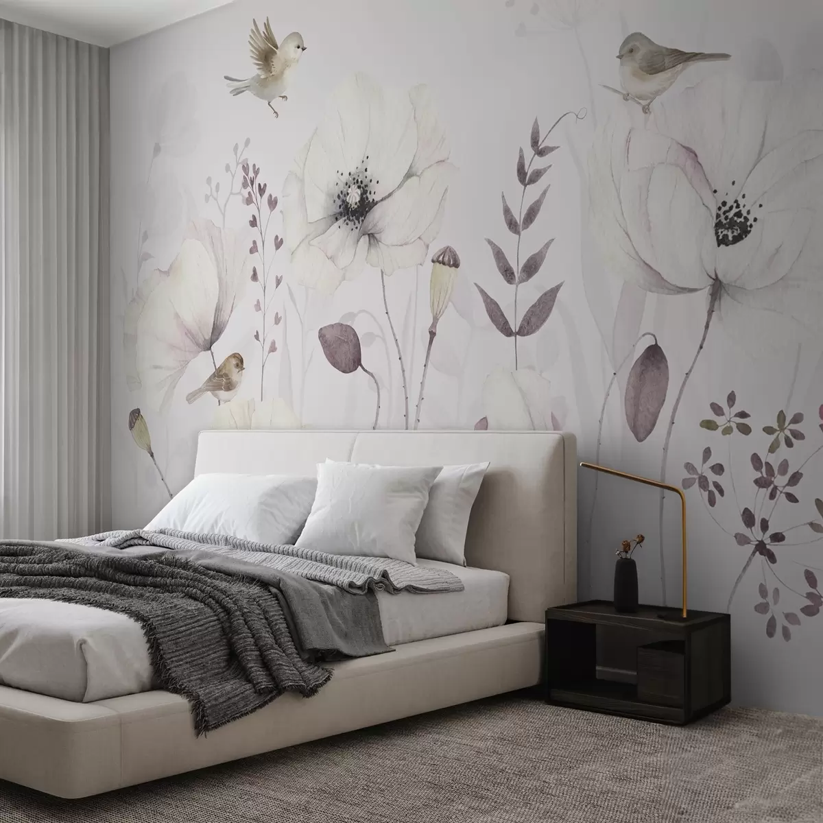 wall murals Watercolor poppies with small birds in soft mauve w04861