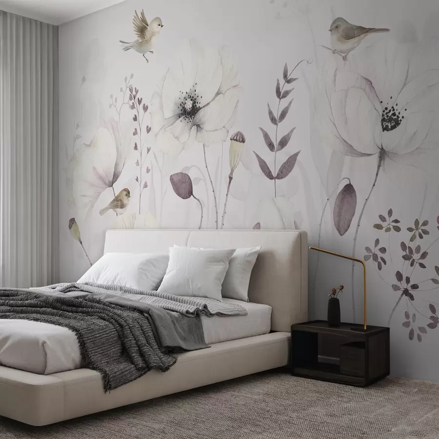 wall murals Watercolor poppies with small birds in soft mauve w04861