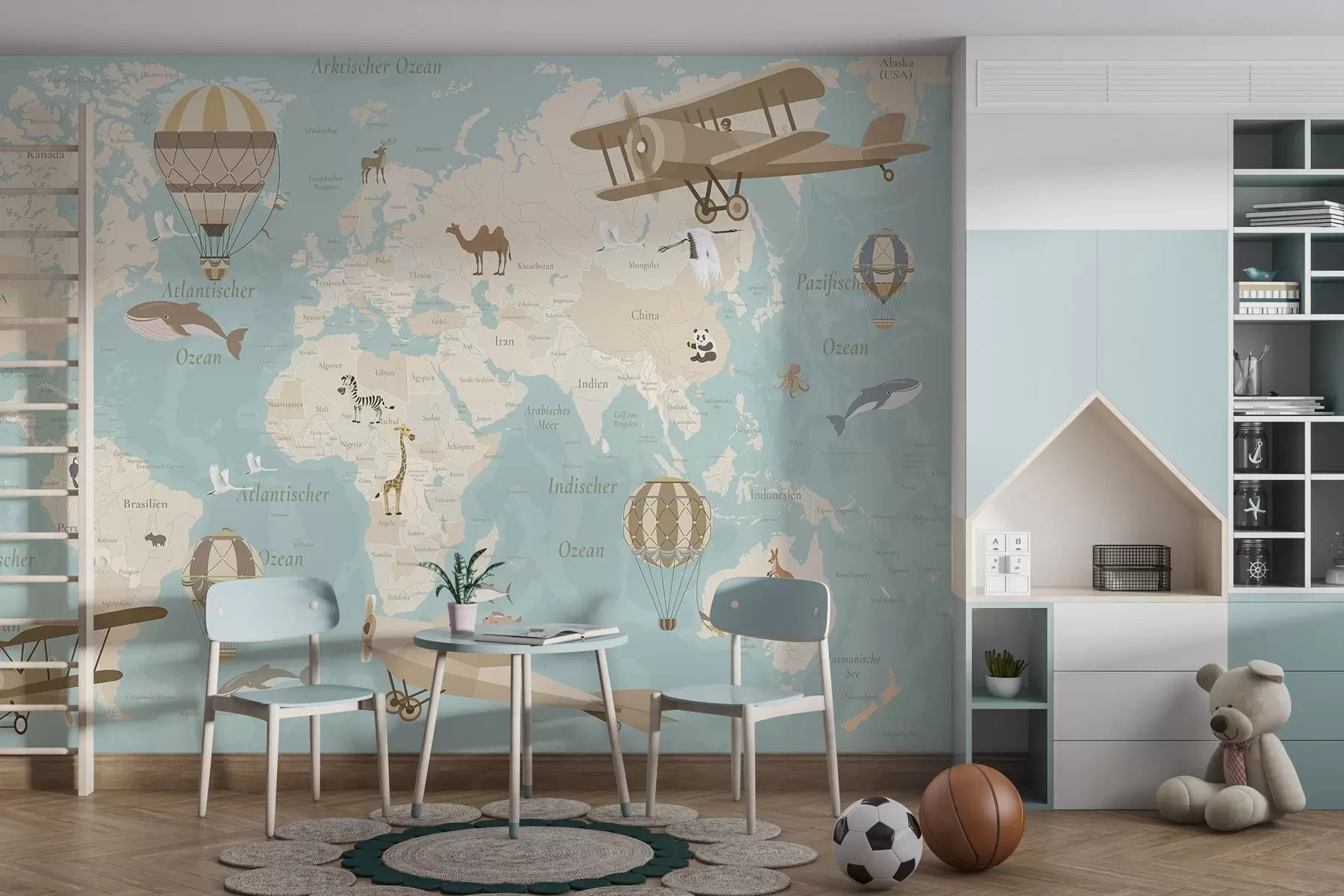 wall murals World map for children with animals, airplanes, and hot air balloons. German language. Blue color. c00003dev1