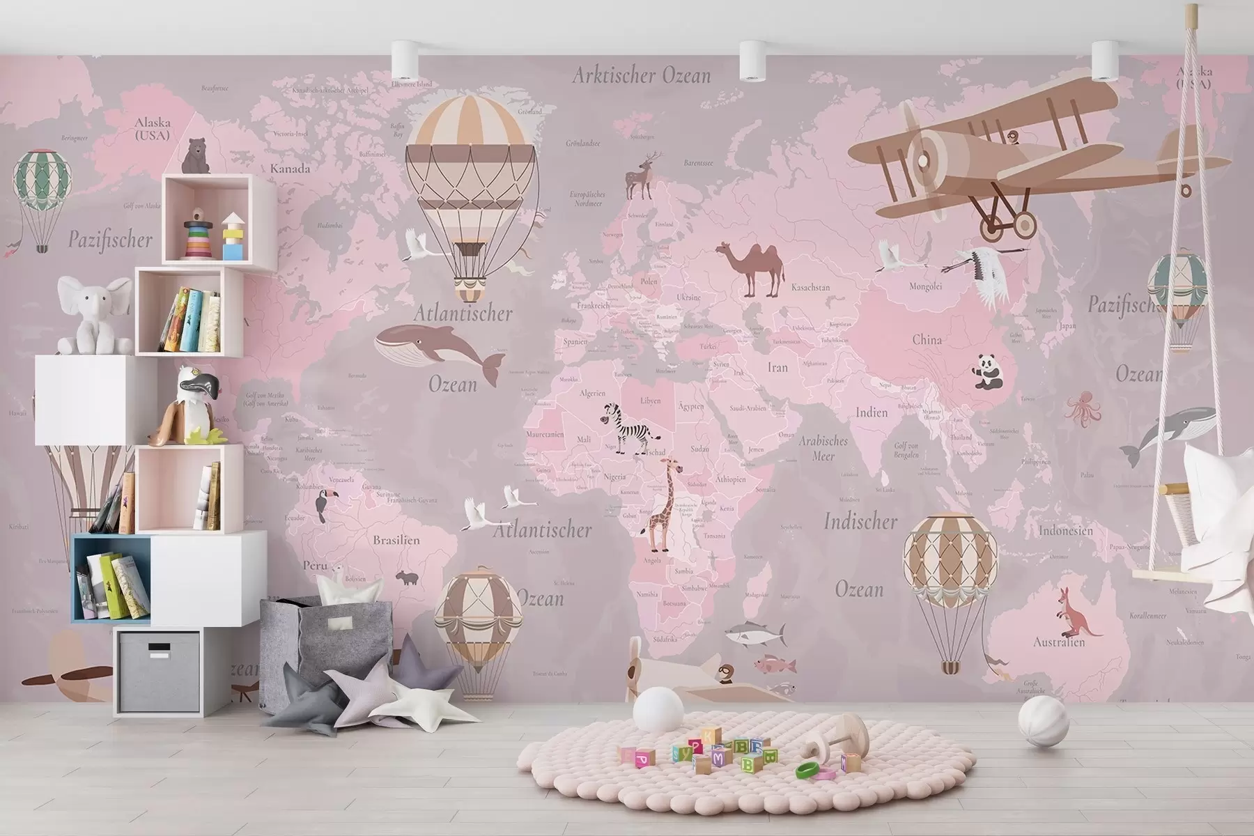 wall murals World map for children with animals, airplanes, and hot air balloons. German language. Pink color. c00003dev3