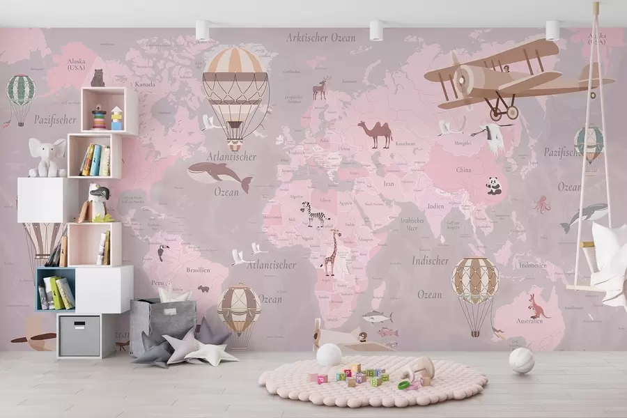 wall murals Children's world map with animals, airplanes, and hot air balloons. German language. Pink color c00003dev3