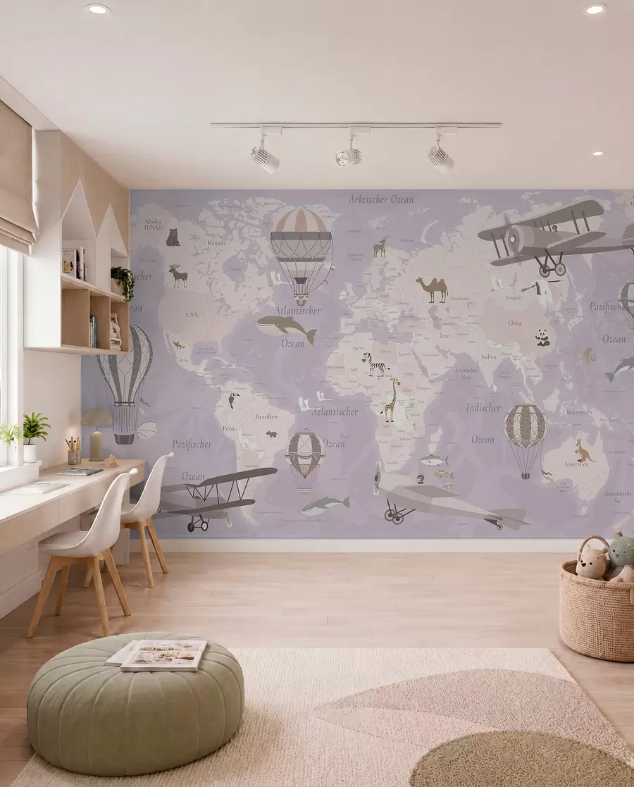 wall murals World map for children with animals, airplanes, and hot air balloons. German language. Purple color. c00003dev4