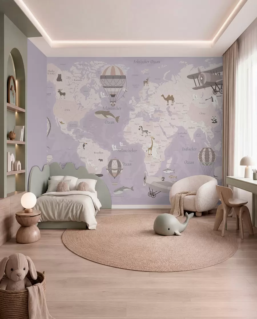 wall murals World map for children with animals, airplanes, and hot air balloons. German language. Purple color. c00003dev4