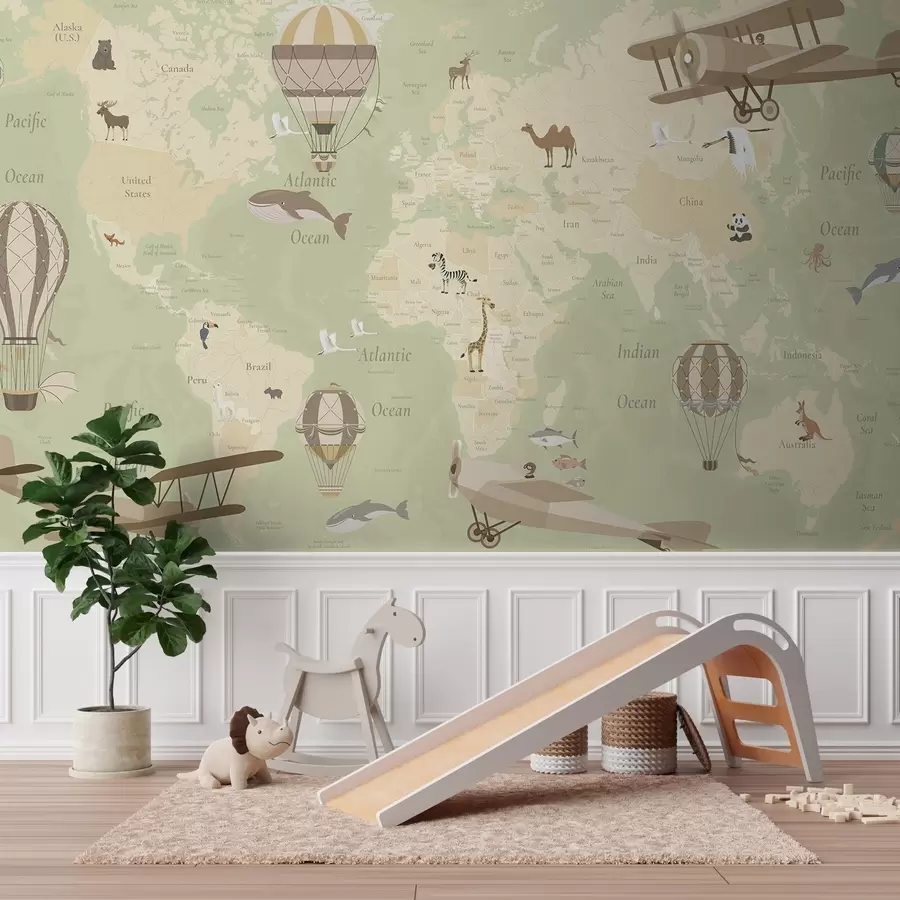 wall murals Children's world map with animals, airplanes, and hot air balloons. English language. Green color c00003env2