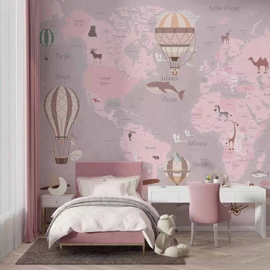 wall murals World map for children with animals, airplanes, and hot air balloons. English language. Pink color c00003env3