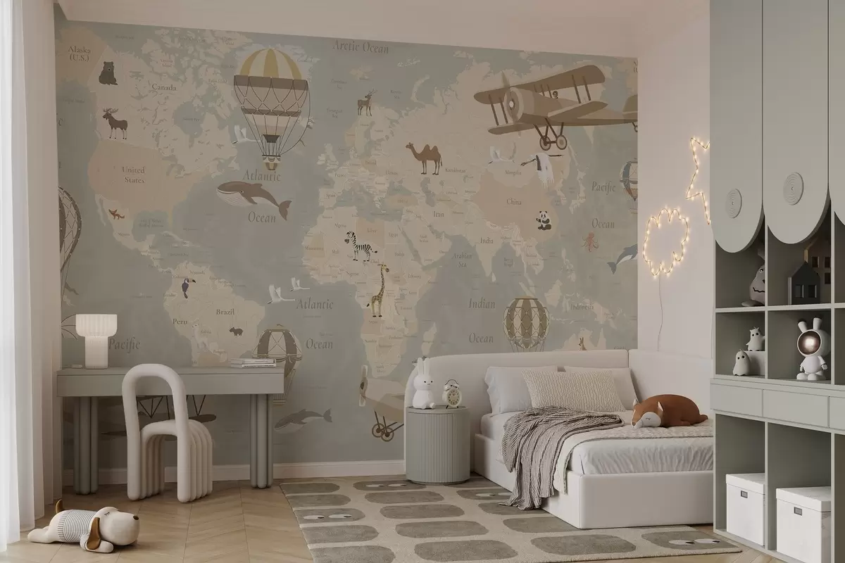 wall murals Children's world map with animals, airplanes, and hot air balloons. Spanish language. Beige color c00003es