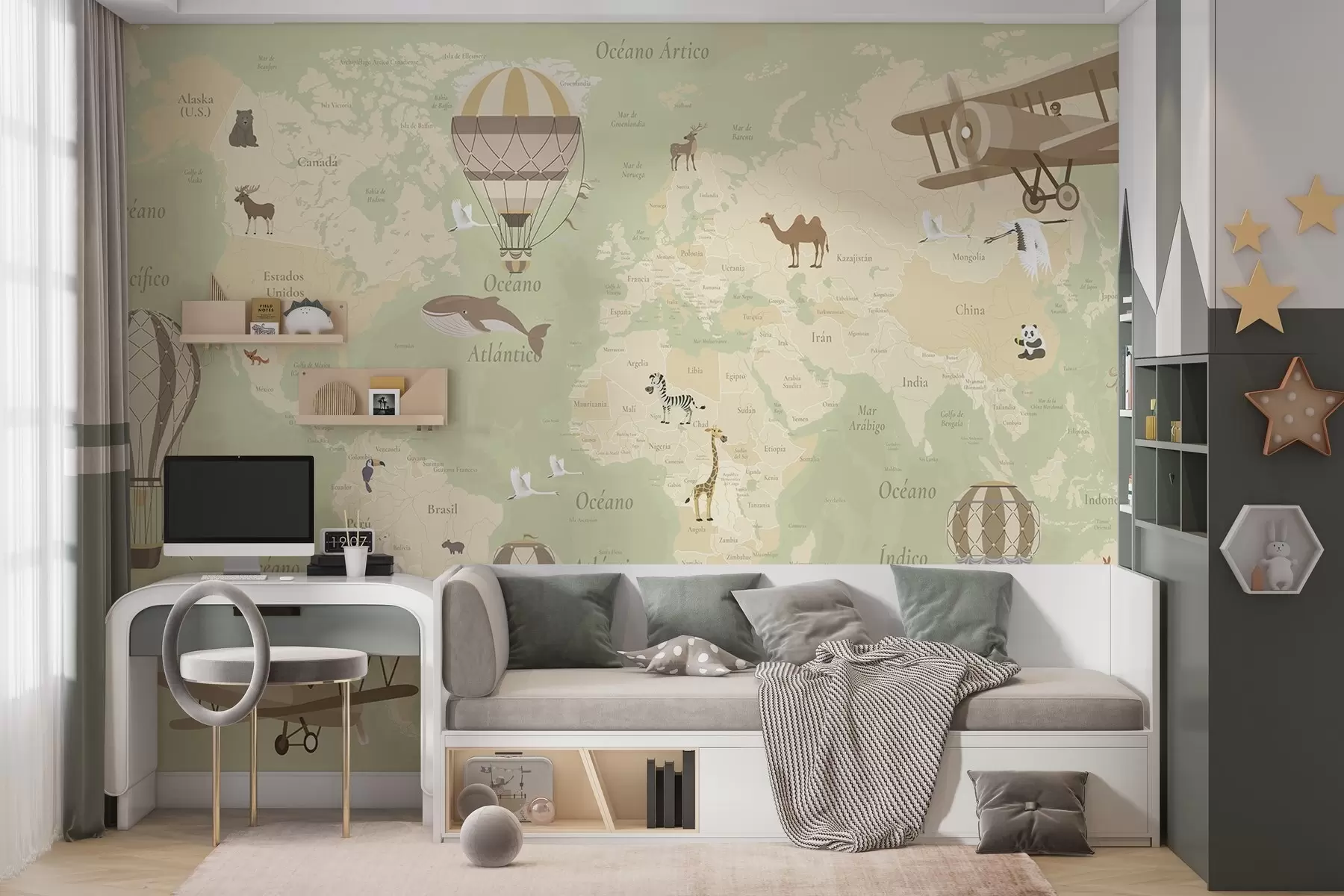 wall murals Children's world map with animals, airplanes, and hot air balloons. Spanish language. Green color c00003esv2