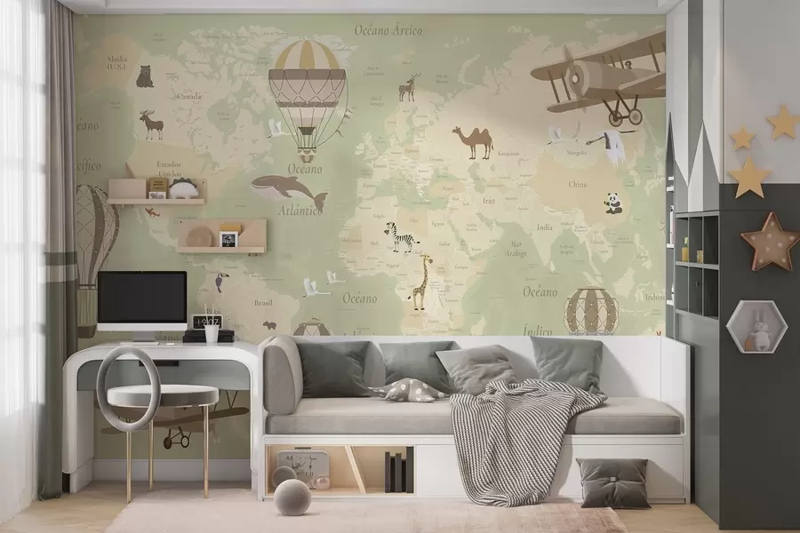 wall murals Children's world map with animals, airplanes, and hot air balloons. Spanish language. Green color c00003esv2
