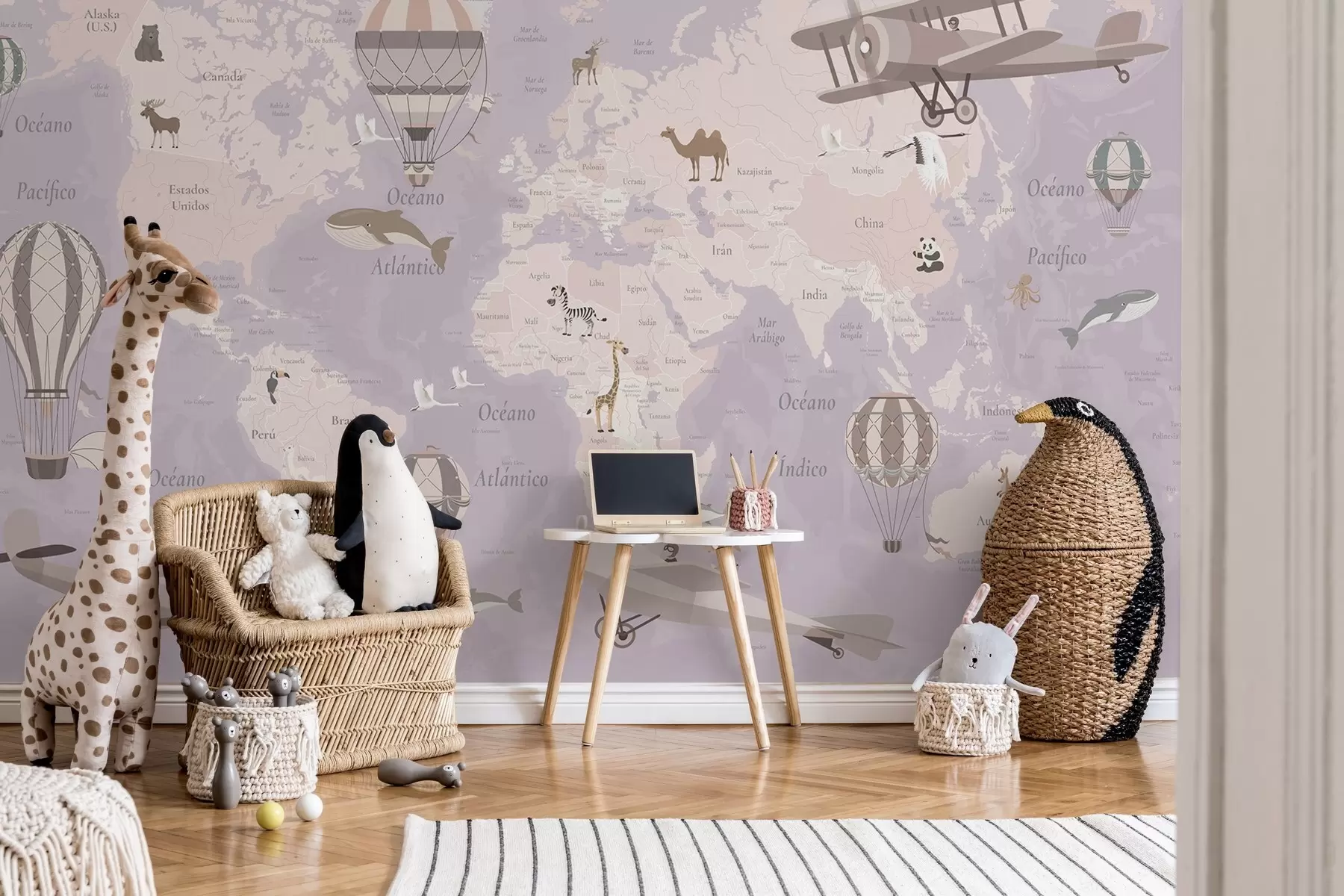wall murals World map for children with animals, airplanes, and hot air balloons. Spanish language. Purple color c00003esv4