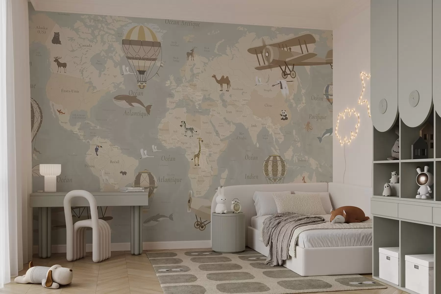 wall murals World map for children with animals, airplanes, and hot air balloons. French language. Beige color. c00003fr