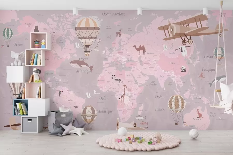 wall murals Children's world map with animals, airplanes, and hot air balloons. French language. Pink color c00003frv3