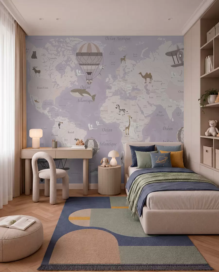 wall murals World map for children with animals, airplanes, and hot air balloons. French language. Purple color c00003frv4