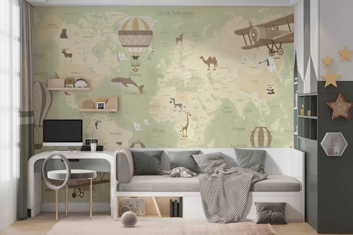 wall murals Children's world map with animals, airplanes, and hot air balloons. Polish language. Green color c00003plv2
