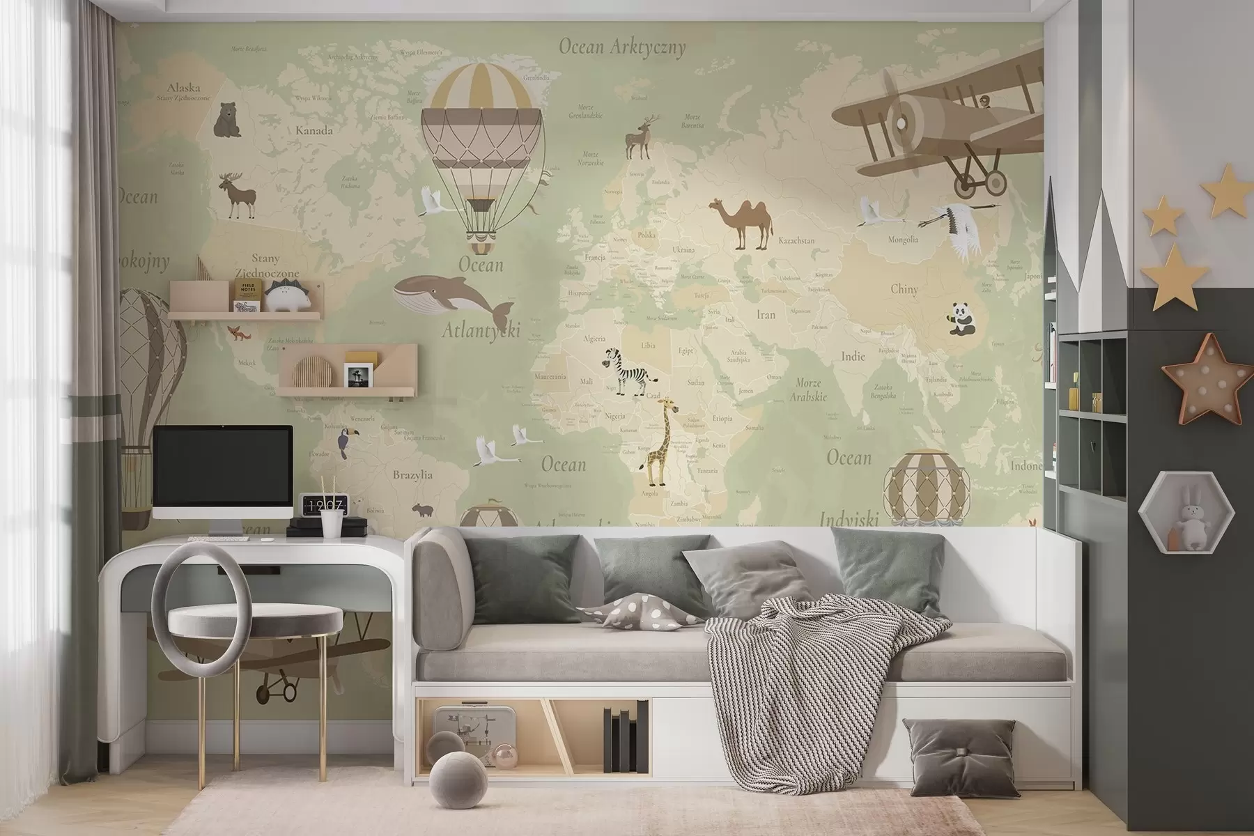 wall murals Children's world map with animals, airplanes, and hot air balloons. Polish language. Green color c00003plv2