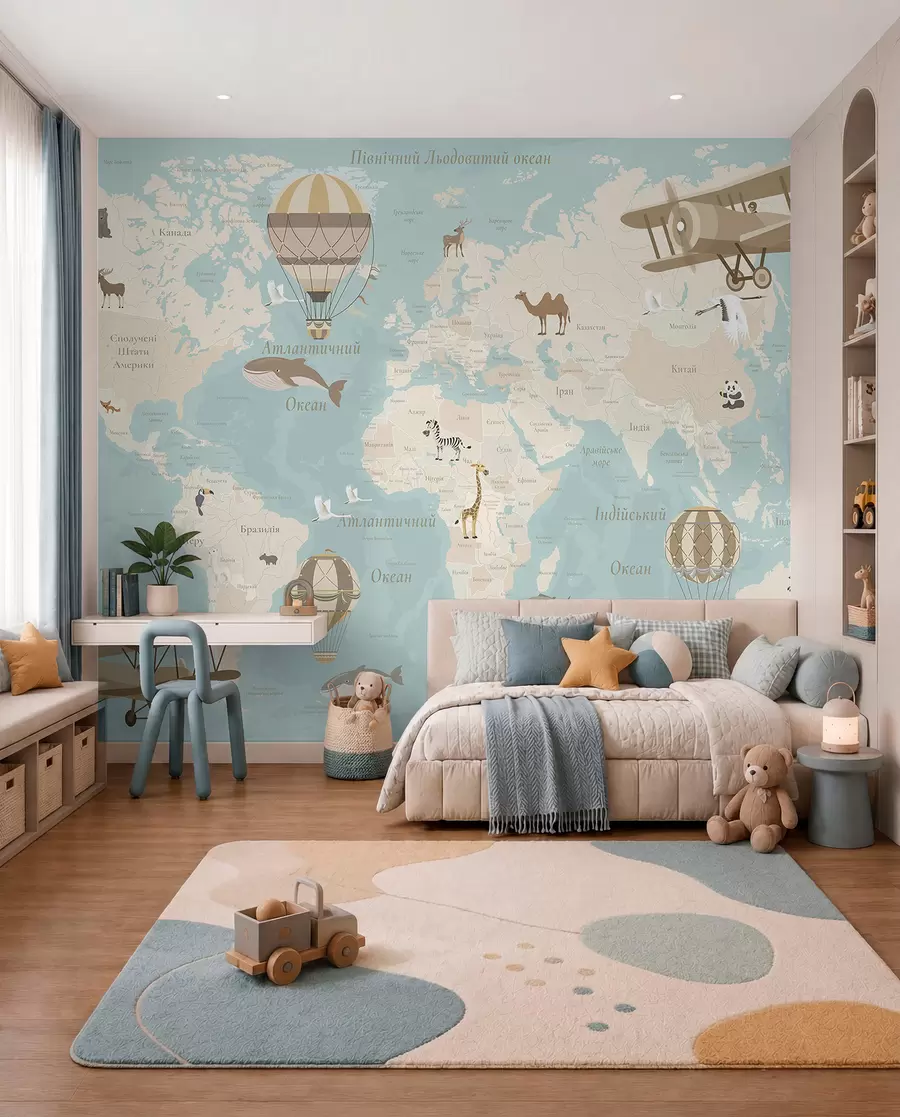 wall murals World map for children with animals, airplanes, and hot air balloons. Ukrainian language. Blue color c00003ukv1