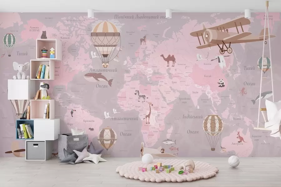 wall murals Children's world map with animals, airplanes, and hot air balloons. Ukrainian language. Pink color c00003ukv3