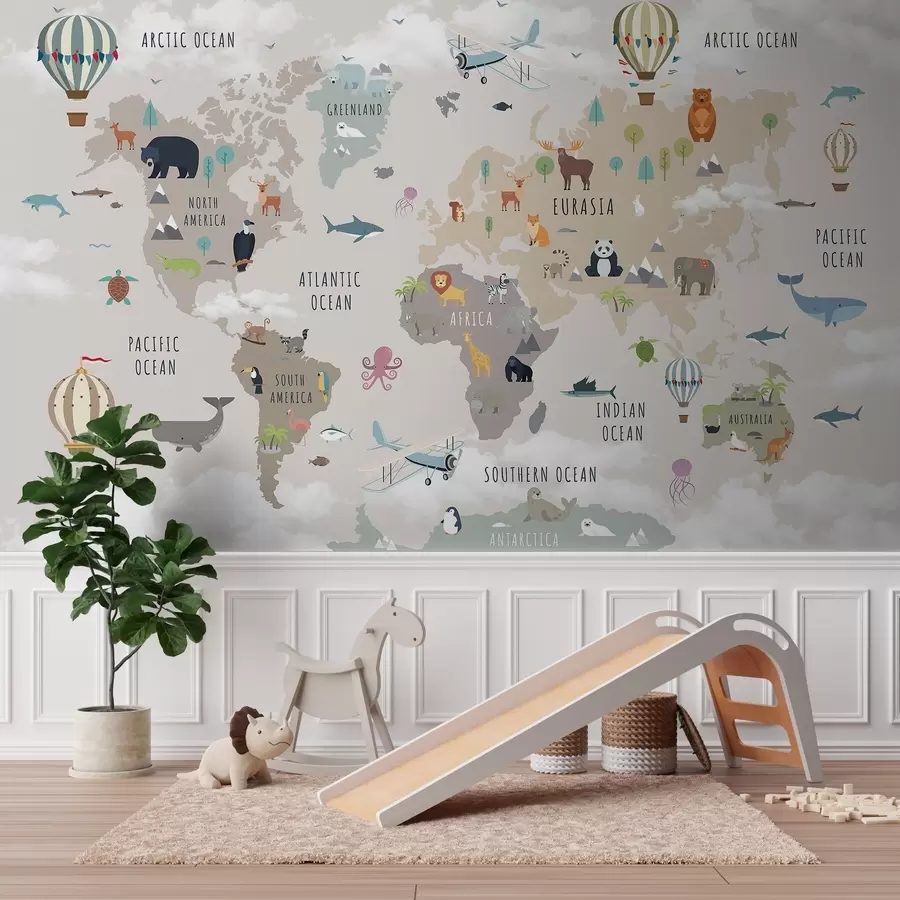 wall murals Children's world map with animals and hot air balloons. English language c00002en