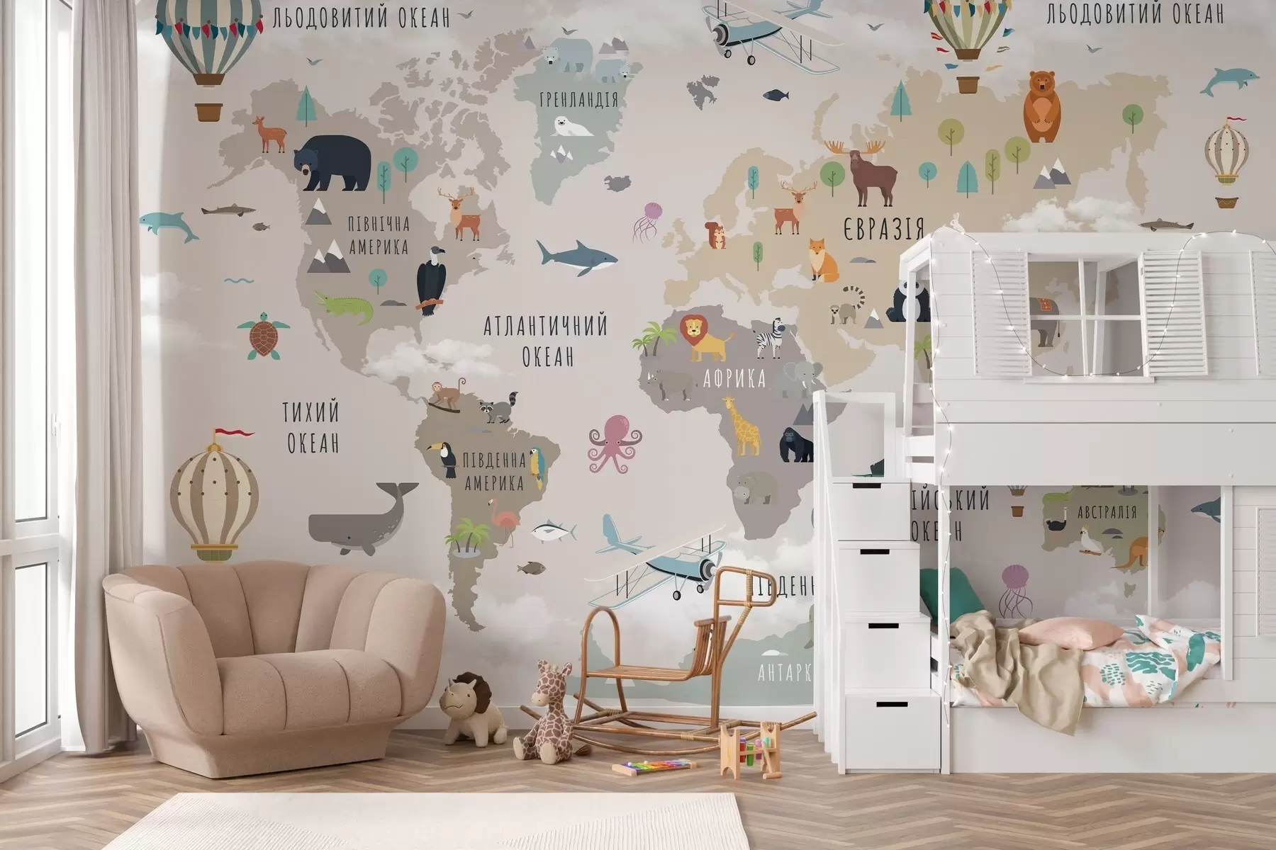wall murals World map for children with animals and hot air balloons. Ukrainian language c00002uk