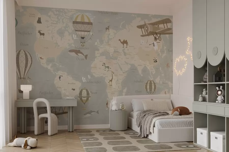 wall murals Children's world map with animals, airplanes, and hot air balloons. German language. Beige color c00003de