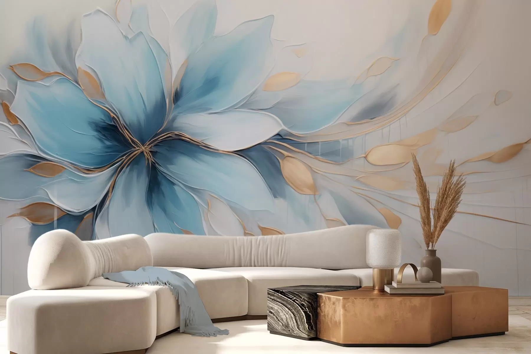 wall murals Abstract blue flower of calm with leaves w09500