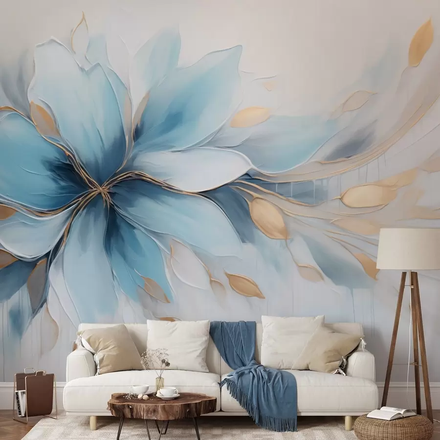 wall murals Abstract blue flower of calm with golden leaves w09500