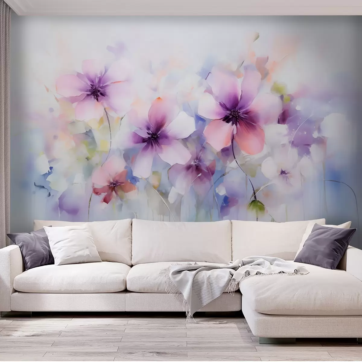 wall murals Spring watercolor flowers in shades of pink and purple w09502
