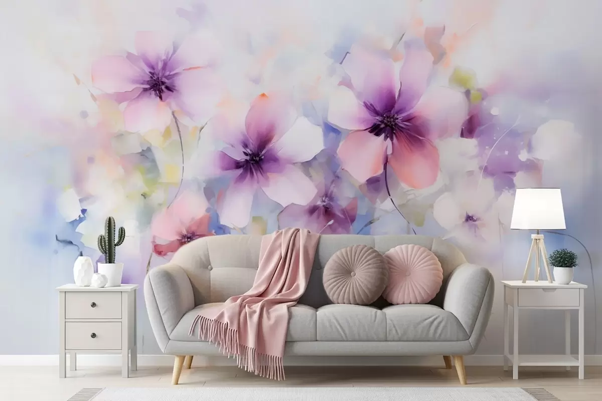 wall murals Spring watercolor flowers in shades of pink and purple w09502