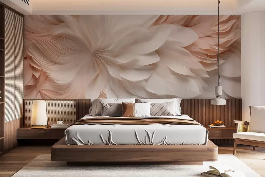 wall murals Delicate abstract feathers in motion in beige and cream tones w09509