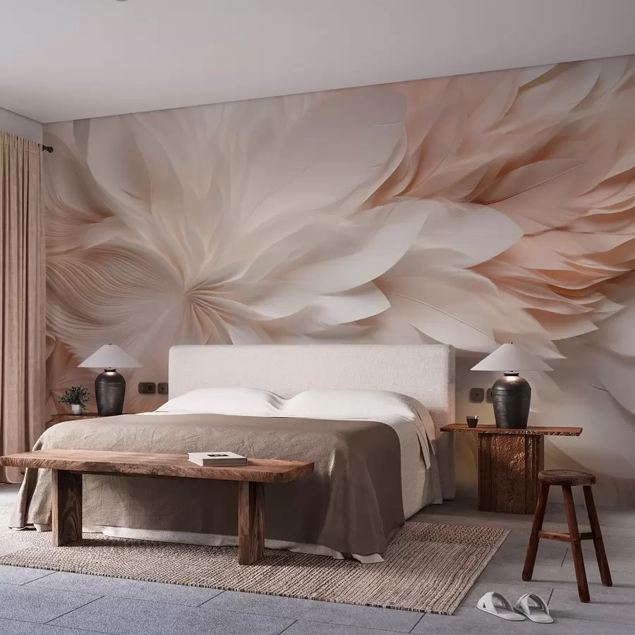wall murals Delicate abstract feathers in motion in beige and cream tones w09509