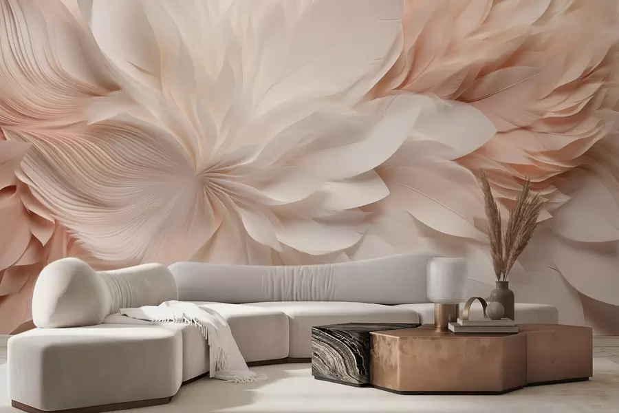 wall murals Delicate abstract feathers in motion in beige and cream tones w09509