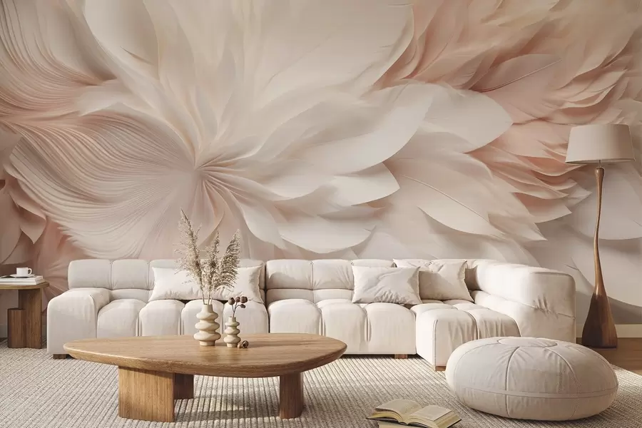 wall murals Delicate abstract feathers in motion in beige and cream tones w09509
