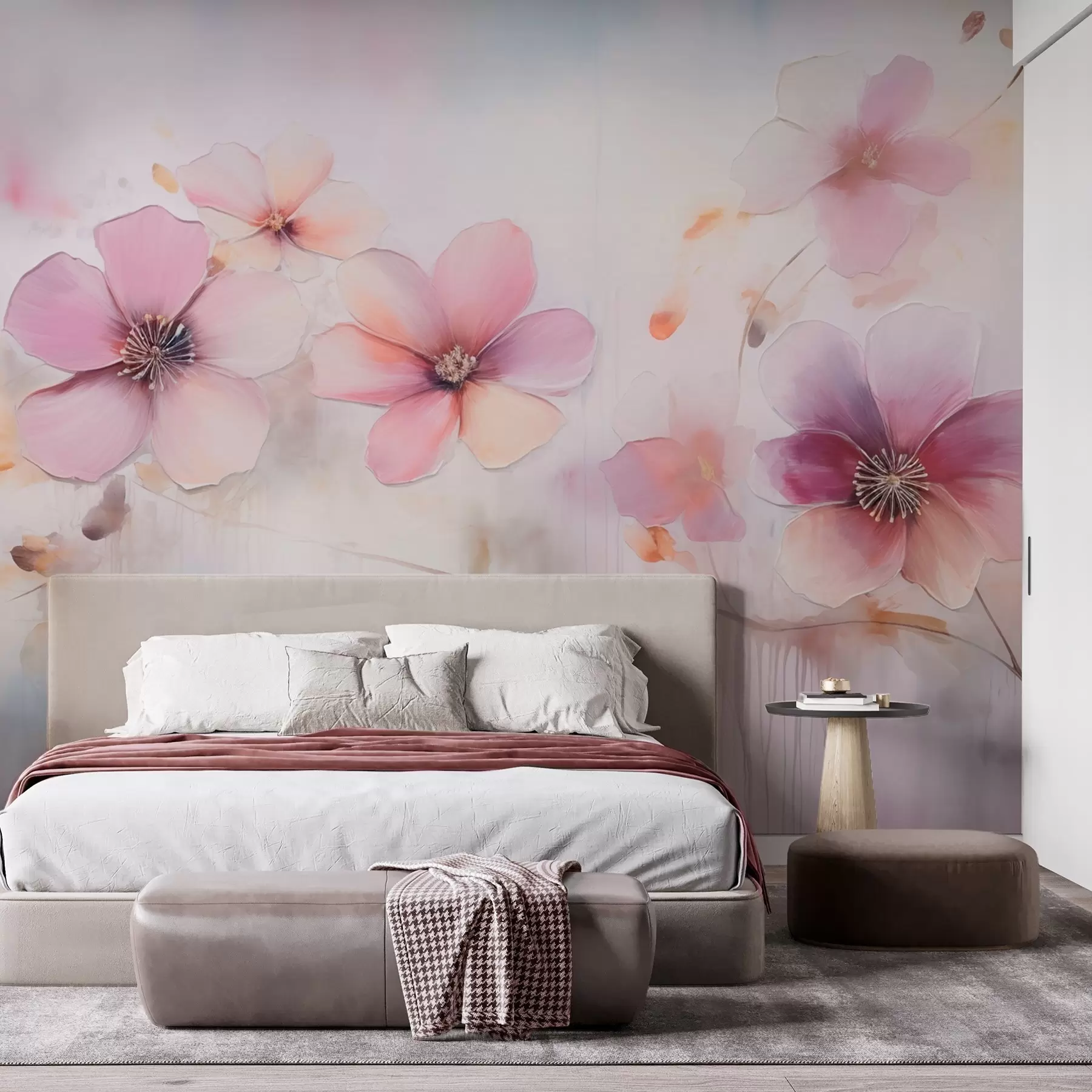wall murals Branch with pink flowers in watercolor style w09522