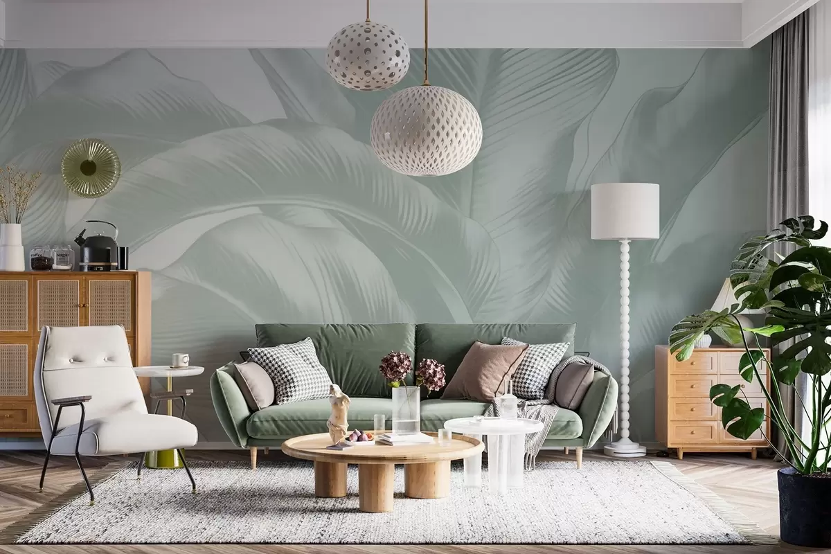 wall murals Long leaves, banana leaves with a worn effect w04827v3