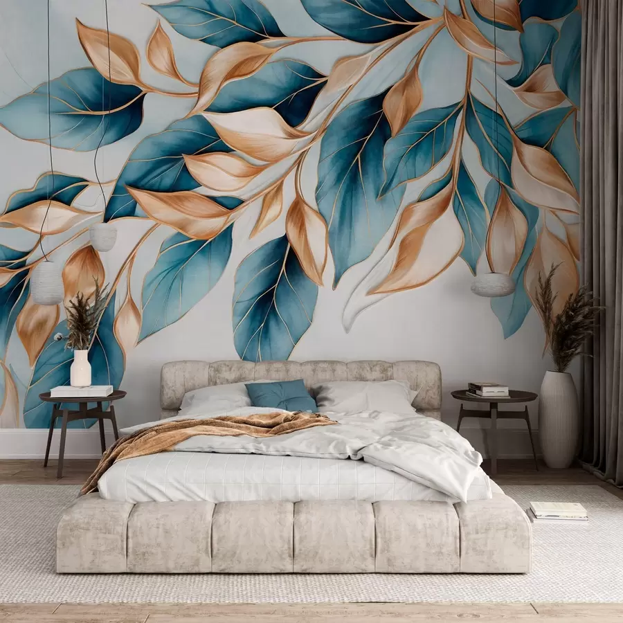 wall murals Textured blue and orange leaves, light blue background, elegant and artistic manner design, modern style w09429