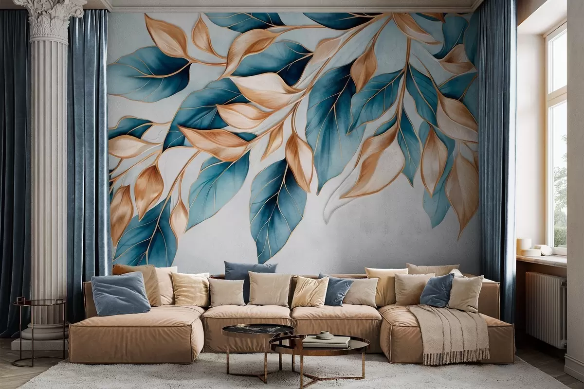 wall murals Textured blue and orange leaves, light blue background, elegant and artistic manner design, modern style w09429