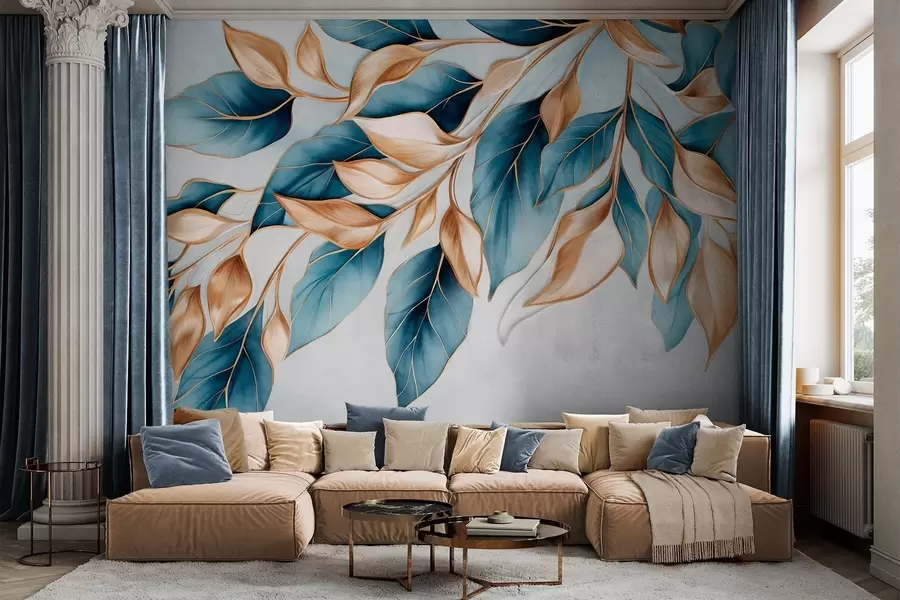 wall murals Textured blue and orange leaves, light blue background, elegant and artistic manner design, modern style w09429