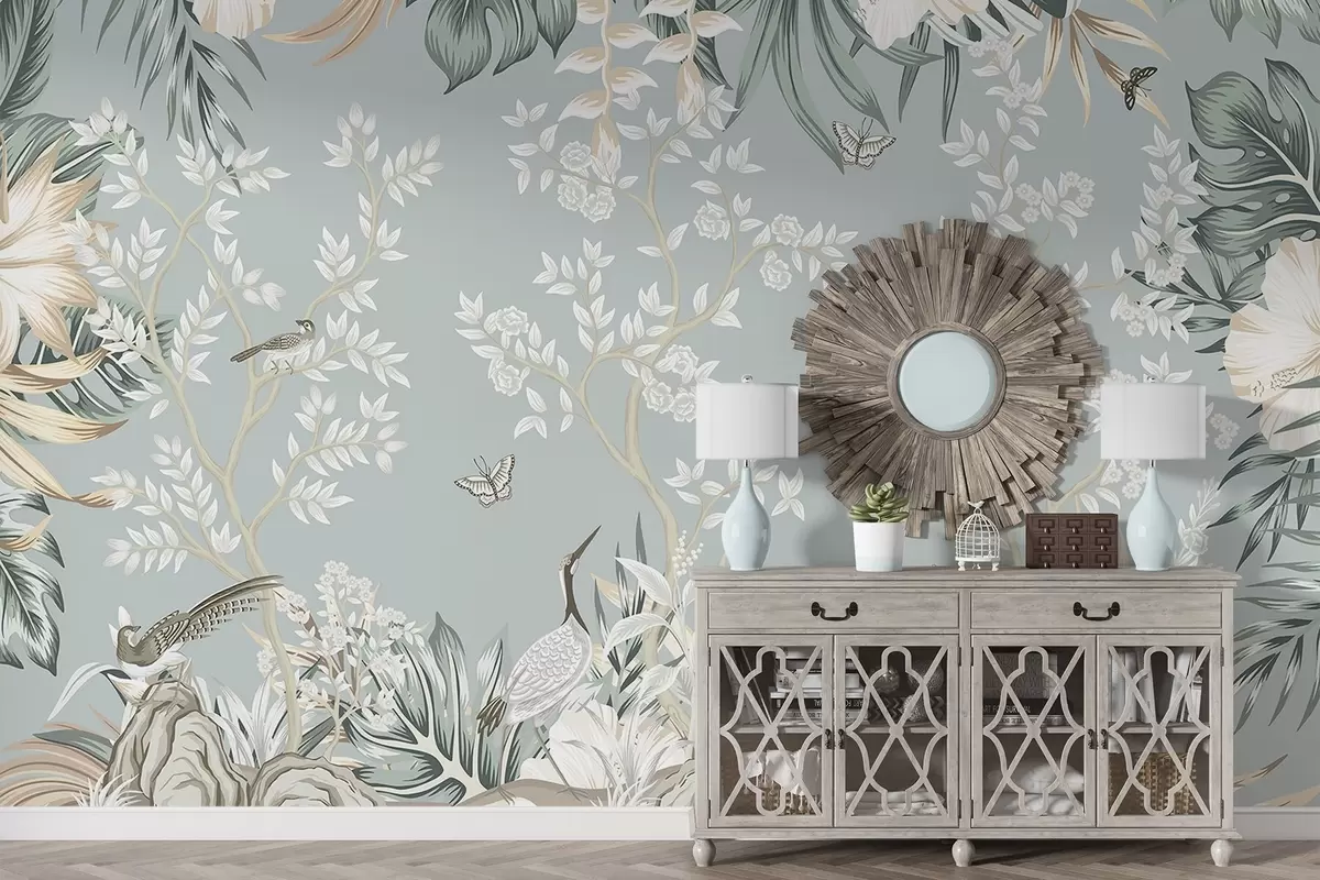 wall murals Tropical textured pastel art with birds, butterflies, hibiscus flowers, palm leaves and trees in a light blue background w09528