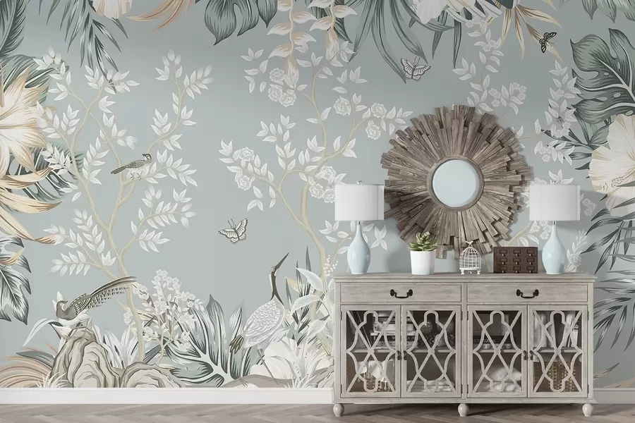 wall murals Tropical textured pastel art with birds, butterflies, hibiscus flowers, palm leaves and trees in a light blue background w09528