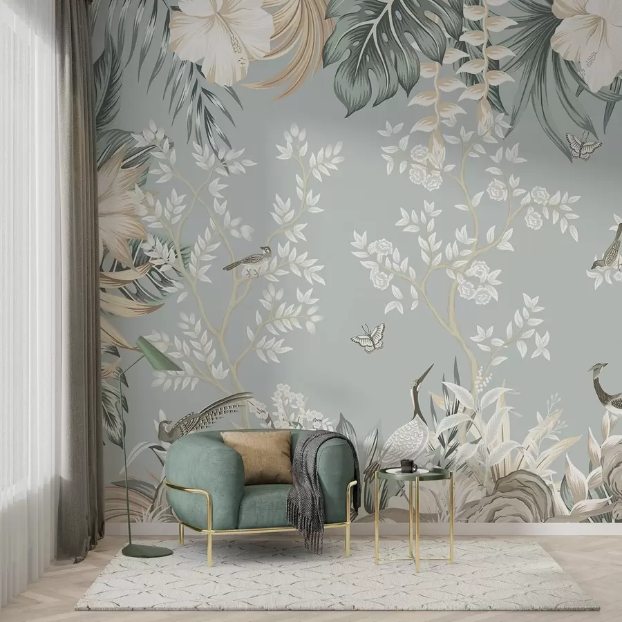 wall murals Tropical textured pastel art with birds, butterflies, hibiscus flowers, palm leaves and trees in a light blue background w09528