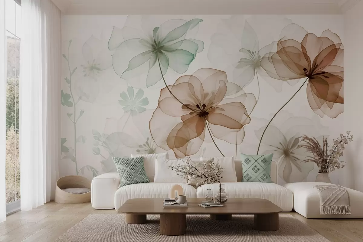 wall murals Translucent flowers with brown and green petals, long stems, light background, soft colors, textured floral design w09529