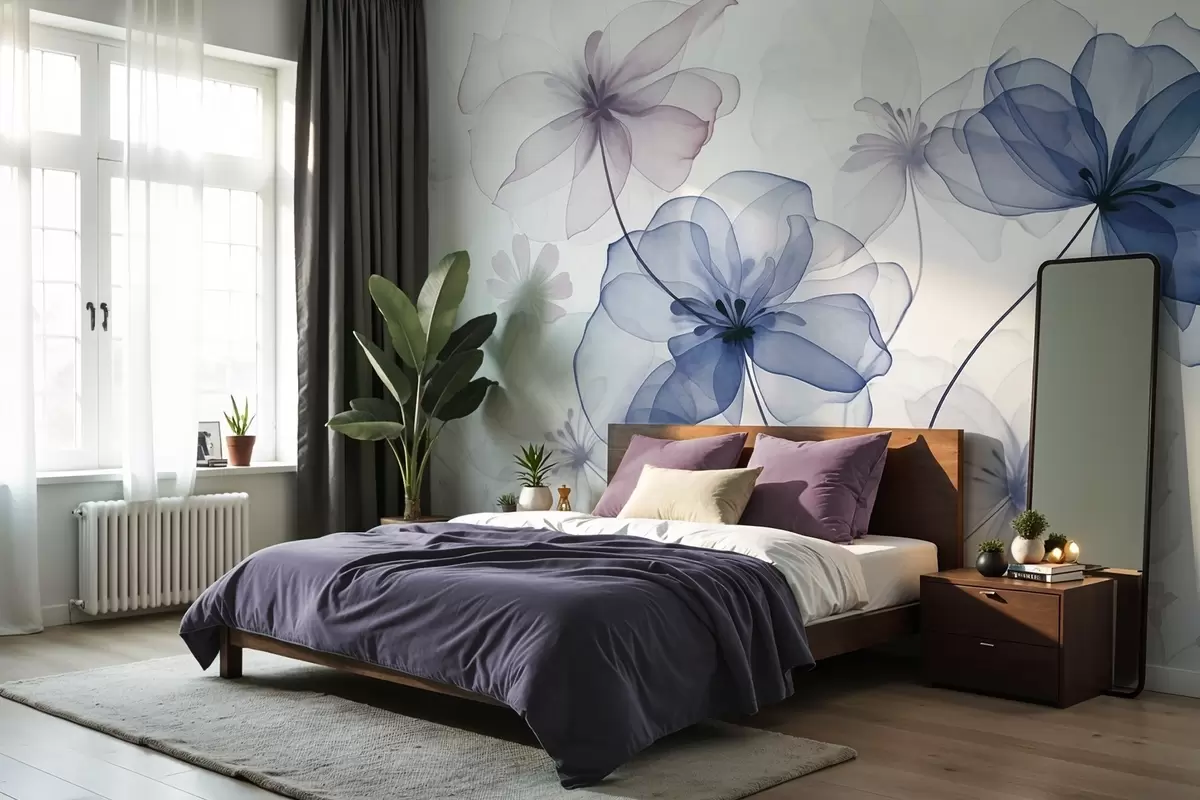 wall murals Translucent flowers with muted blue and pink petals, long stems, light background, soft colors, textured floral design w09529v1