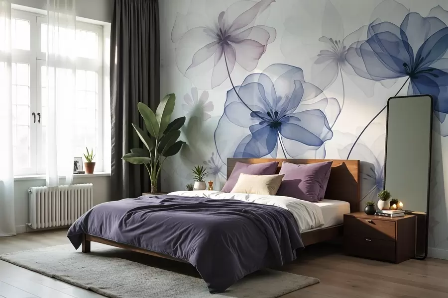 wall murals Translucent flowers with muted blue and pink petals, long stems, light background, soft colors, textured floral design w09529v1