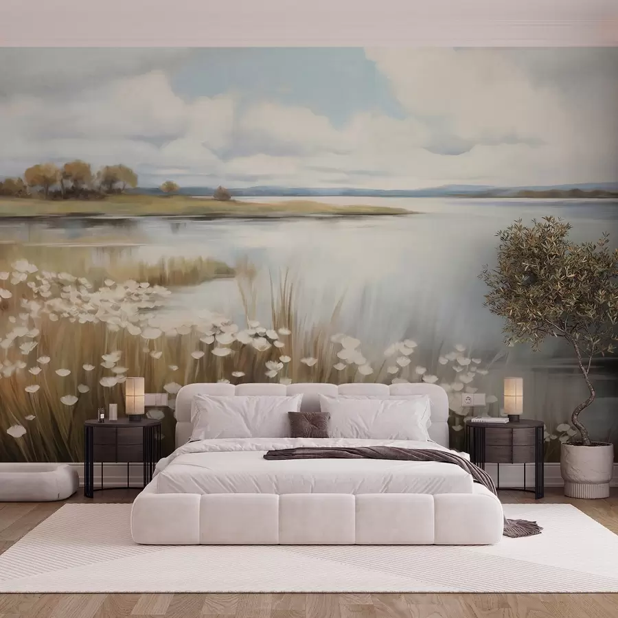 wall murals Textured landscape, field of white flowers and tall grass, a lake in the background, a grassy hill with trees, soft colors w09530